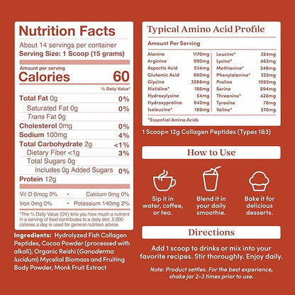 Further Food Chocolate Marine Collagen Peptides Powder, Wild Caught, Sustainable, Type 1, 2 & 3 Collagen, Gut + Joint Support, Hair, Skin, Nails, Sugar-Free 7.41 oz