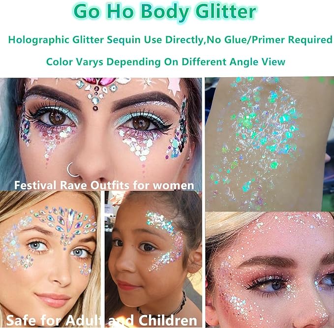 Go Ho Red White and Blue Body Glitter Set,4th of July Outfits for Women Reflective Glitter Makeup,Face Glitter Gel,Holographic Long Lasting Chunky Sequins Glitters,4th of July Accessories