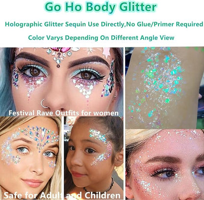 Go Ho Red White and Blue Body Glitter Set,4th of July Outfits for Women Reflective Glitter Makeup,Face Glitter Gel,Holographic Long Lasting Chunky Sequins Glitters,4th of July Accessories