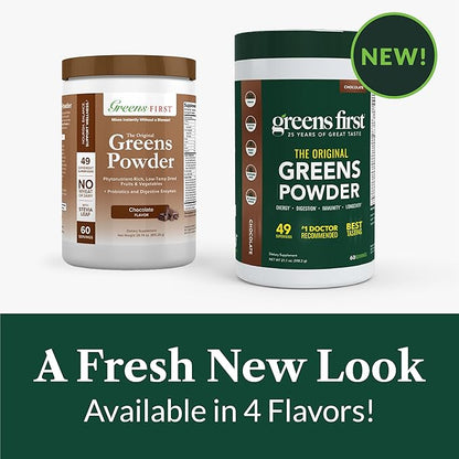Greens First Original Greens Powder - 49 Superfoods - Organic Fruits & Veggies - Prebiotics, Probiotics, Digestive Enzymes - Antioxidant Smoothie - Dairy Free, Vegan, Non-GMO (Chocolate, 60 Servings)