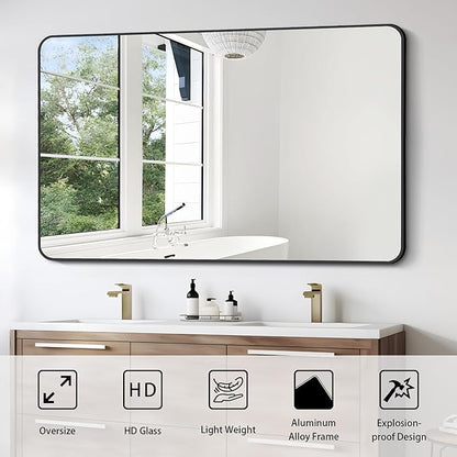FORBATH Large Bathroom Mirror 36 x 55 Inches，Black Large Wall Mirror Aluminum Frame Wall Mounted Rounded Corner Morndern Mirror for Bathroom Bedroom Entryway Living Room