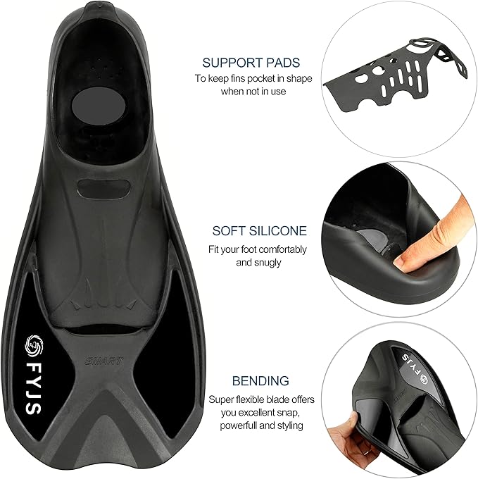 FYJS Short Swim Fins with Comfortable Full Foot Pocket Travel-Size for Snorkeling and Scuba Diving