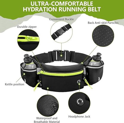 Hydration Running Belt for Women & Men with 2 Water Bottles – Water-Resistant Waist Pack & Phone Holder, No-Bounce Fit for Running, Hiking, Workouts – Bonus Sweatband, Fits All Phones