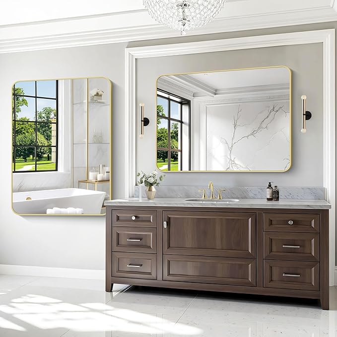 Gold Bathroom Mirror,36x48 inch Wall Mirror for Bathroom Wall Mounted,Round Rectangle Mirror for Bathroom Over Sink,Modern Frame for Home Decor Living Room,Bedroom Entryway,Horizontal/Vertical