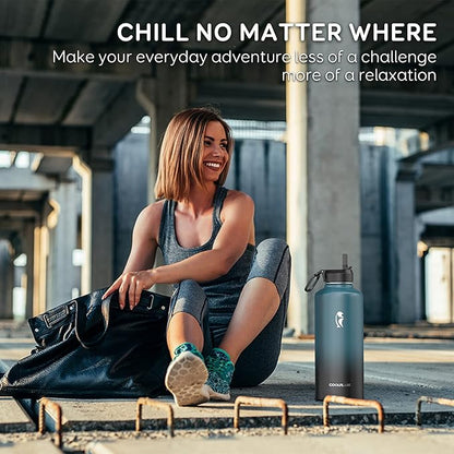 Coolflask Water Bottle 87 oz with Straw, 2/3 Gallon Insulated Stainless Steel Large 3 Lids Big Water Jug for Sports or Office, Non-BPA Keep Cold Up to 48 Hrs or Hot Up to 24 Hrs, Samurai Cyan