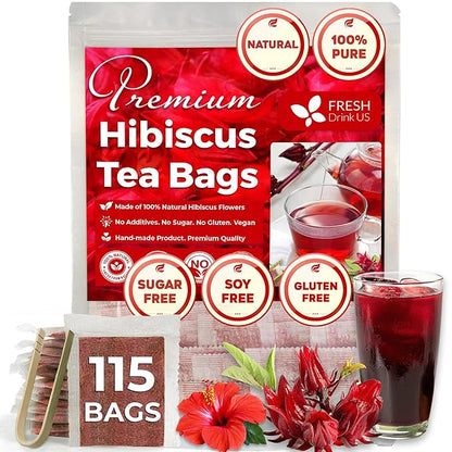 FRESHDRINKUS 115 Hibiscus Flowers Tea Bags, 100 Percent Natural, Pure from Hibiscus Flowers. Loose Flower Hibiscus Herbal Tea. Hibiscus Flower Tea. No Sugar, No Caffeine, No Gluten, Vegan.