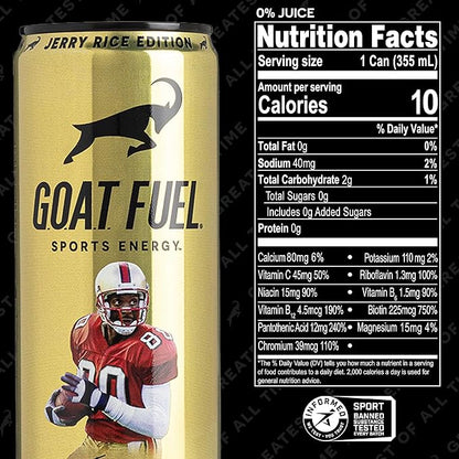 G.O.A.T. Fuel Energy Drink, Co-Founded by Jerry Rice, Natural Caffeine, Electrolytes, BCAAs, Cordyceps Mushrooms & Antioxidants, Light Carbonation Pre Workout, 12 Pack, 12 FL Oz, Tropical Berry