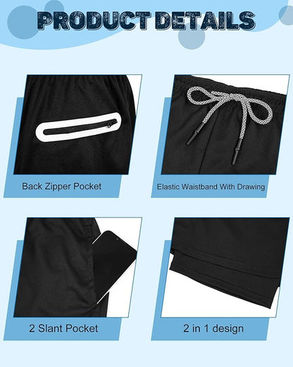 Sureio 3 Pcs Men's 2 in 1 Running Shorts 7 Inch Quick Dry Athletic Workout Shorts with Liner Phone Pockets Towel Loop