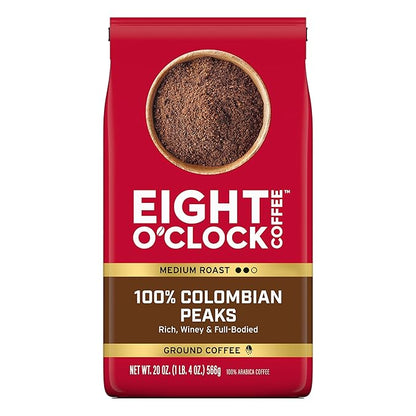Eight O'Clock Coffee 100% Colombian Peaks Ground Coffee, Medium Roast, 20 Ounce (Pack of 1) - Rich, Winey & Full Bodied