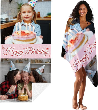 JML Birthday Gifts for Mom Dad Daughter Son, Personalized Beach Towel with Photo Text, Custom Beach Towel Gift for Mother's Day, Anniversary, Family Day, Summer Holiday, Vacation