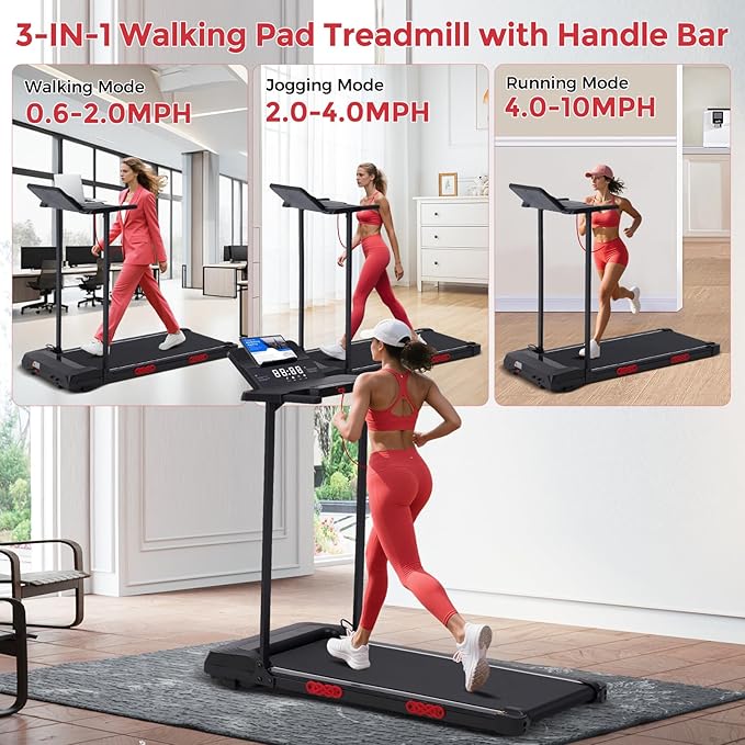 Compact Walking Pad with Handle Bar, 3.5HP Electric Portable Walking Pad Treadmills with Handles for Home Small Spaces, 0.6-10MPH Home Small Treadmill with Big Screen for Office Apartment, 400LBS