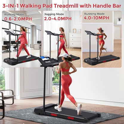 Compact Walking Pad with Handle Bar, 3.5HP Electric Portable Walking Pad Treadmills with Handles for Home Small Spaces, 0.6-10MPH Home Small Treadmill with Big Screen for Office Apartment, 400LBS
