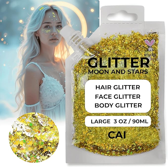 Hair Glitter Gel – 3 Oz Chunky Iridescent Holograph Stars & Moon, Cosmetic-Grade Glitter for Hair, Body & Face for Kids and Women, Applies Smoothly & Washes Off Easily - Rose/Gold 2Pack