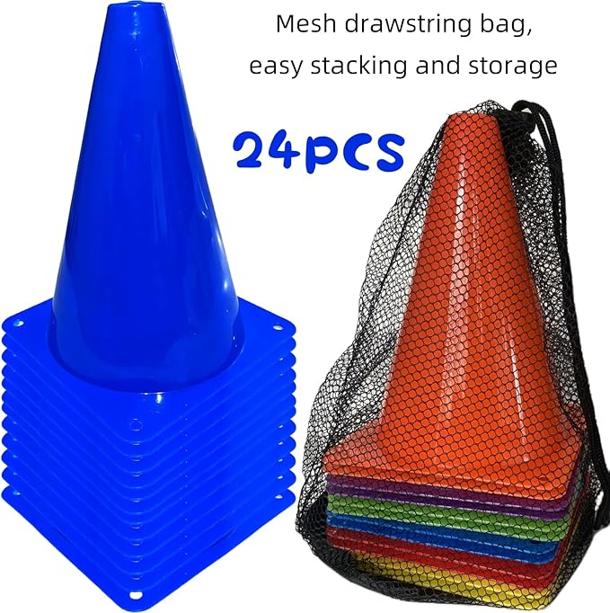 24 Pcs 7 Inch Plastic Traffic Cones, Basketball Football Drills, Skating, Sport Training Agility Markers, Indoor Outdoor Games, Multicolor