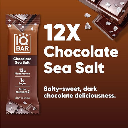 IQBAR Brain and Body Plant Protein Bars - Chocolate Sea Salt - 12-Count Low Carb - Gluten Free, High Fiber, Vegan Snacks - Low Sugar Meal Replacement