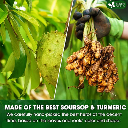 FreshDrinkUS, Premium 40 Soursop Turmeric Tea Bags, 100% Natural, Blend of Soursop Leaves, and Turmeric Root. Made with Natural Material Tea Bags. No Sugar, Vegan.