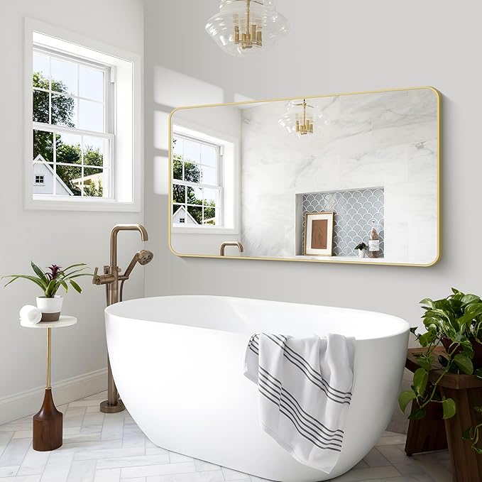Gold Bathroom Mirror,60x36 inch Wall Mirror for Bathroom Wall Mounted,Round Rectangle Mirror for Bathroom Over Sink,Modern Frame for Home Decor Living Room,Bedroom Entryway,Horizontal/Vertical