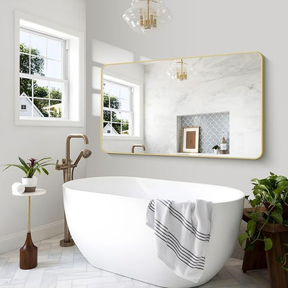 Gold Bathroom Mirror,60x36 inch Wall Mirror for Bathroom Wall Mounted,Round Rectangle Mirror for Bathroom Over Sink,Modern Frame for Home Decor Living Room,Bedroom Entryway,Horizontal/Vertical