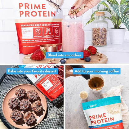 Equip Foods Prime Protein Powder | Clean, Grass Fed Beef Protein Isolate | Carnivore Protein Powder | Paleo, Keto Friendly | Gluten, Dairy Free | Helps Build & Repair Tissue | 30 Servings, Vanilla