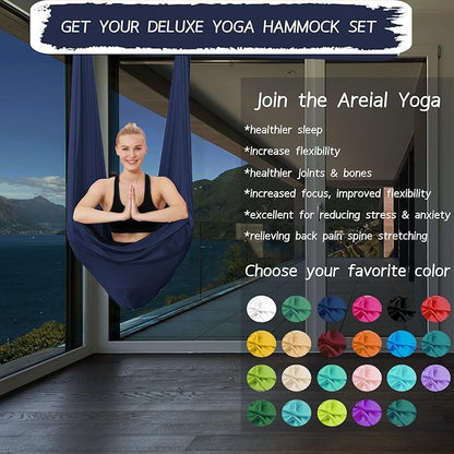 5.5 Yards Aerial Silks Yoga Swing Set - Aerial Yoga Hammock Kit Anti-Gravity Flying for Fitness, Low/Non Stretch Nylon Tricot Fabric Hardware Included for Dance