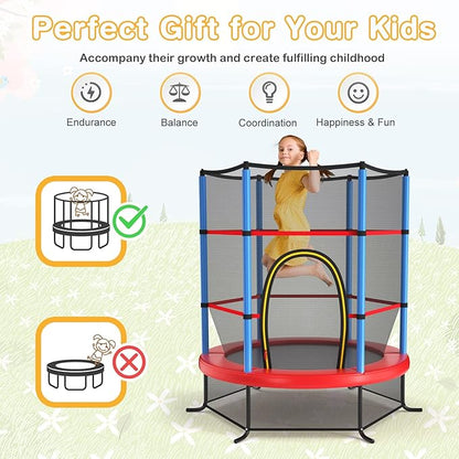 GYMAX Toddler Trampoline, 55” Trampoline for Kids with Bottom-to-Top All-Round Enclosure Net & Seamless Jumping Mat, ASTM Approved Easy Assembly Kids Mini Trampolines Indoor/Outdoor