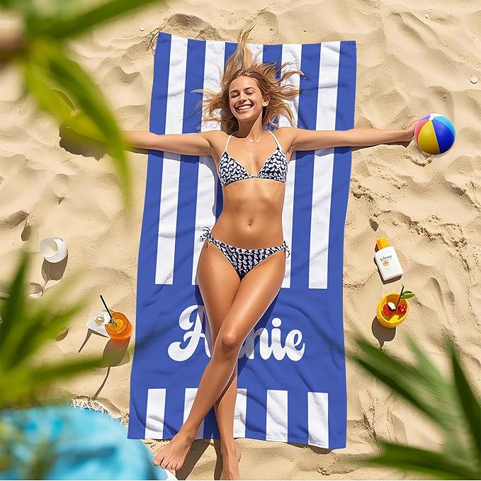 JML Personalized Beach Towel with Name, Custom Cabana Stripe Beach Towel, Customized Microfiber Pool Towel, Quick Dry & Absorbent Swim Towel for Adult,Mother's Day, Birthday, Summer Holiday,Vacation