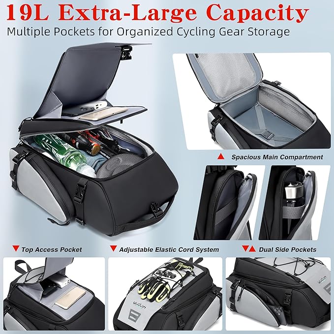 19L Reflective Bike Rack Bag Water Resistant Cycling Pannier Saddle Shoulder Bag with Rain Cover 4-in-1 Versatile Bag Accessories for Travel Commuting Shopping Outdoor Cycling Night-Riding Fitness