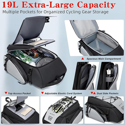 19L Reflective Bike Rack Bag Water Resistant Cycling Pannier Saddle Shoulder Bag with Rain Cover 4-in-1 Versatile Bag Accessories for Travel Commuting Shopping Outdoor Cycling Night-Riding Fitness