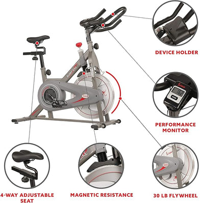 Sunny Health & Fitness Indoor Cycling Exercise Bike w/Pulse Sensors & 4-Way Adjustable Seat, Stationary Home Cardio Training Machine w/Micro-Adjustable Magnetic Resistance for Intensive Cardio Session