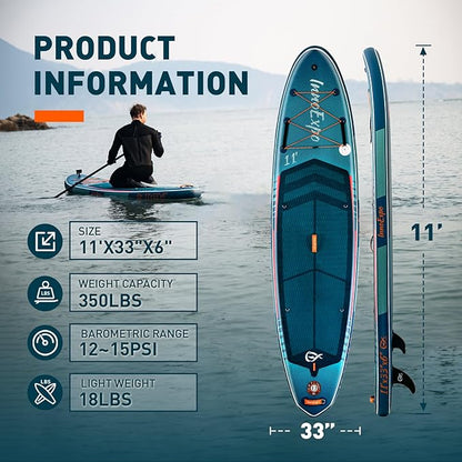 InnoExpo 11' Inflatable Stand Up Paddle Boards with Premium Accessories, Wide Stable SUP Paddle Board Design, Non-Slip Comfort Deck for Youth & Adults
