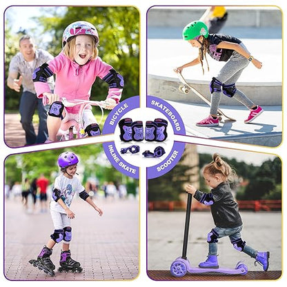 2PM SPORTS Knee Pads for Kids, Wrist Guards Knee and Elbow Pads Set with Drawstring Bag, Protective Gear Set for Girls Boys Roller Skating Cycling Skateboard - Purple Medium