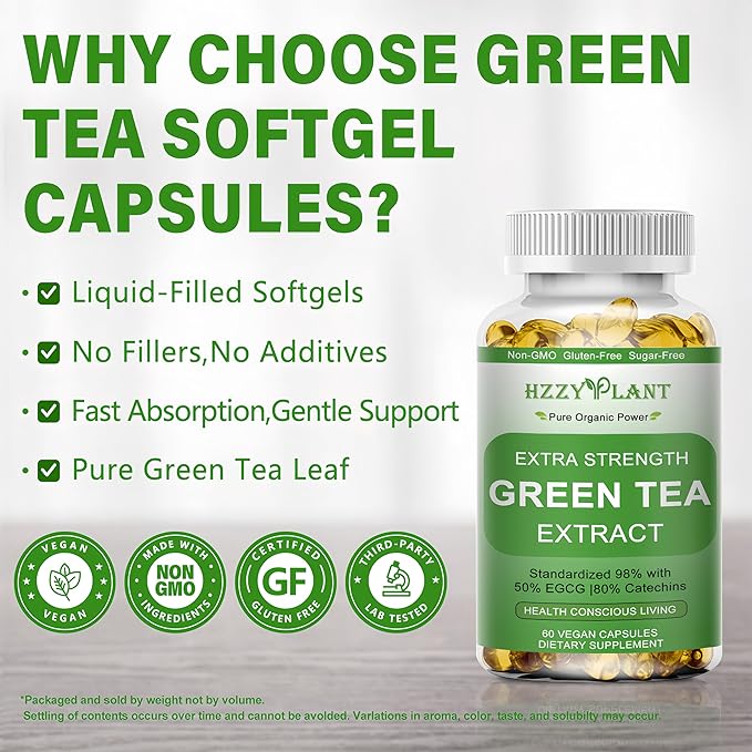 Green Tea Extract Softgels, High Absorption Green Tea Softgel Capsules for Energy Metabolism Antioxidant Immune Skin Heart Support, Herbal Supplement 50% EGCG for Men & Women,Non-GMO,2 Month Supply