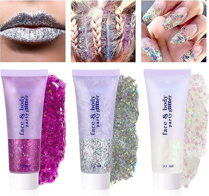 3 Color Face and Body Glitter Gel, Neon Outfit Glow Party for Body Hair Face Nail Glitter Stick Makeup. (01-Blue&02-Gold &06-White Moonbeam)
