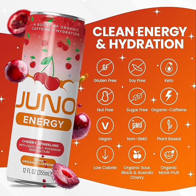 JUNO ENERGY Organic Cherry Sparkling Drink - Sugar Free Electrolytes, Energizing and Hydrating with 125mg Organic Caffeine from Green Coffee Beans, Organic Monk Fruit, Organic Sour and Black Cherry Juice & Electrolytes - Vegan, Gluten Free, 12 Pack