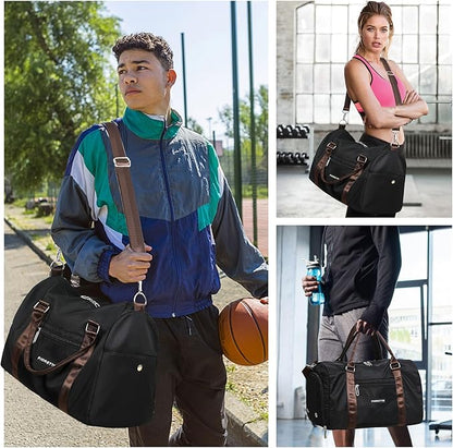 FIORETTO Womens Gym Tote Duffle Bag with Toiletry Bag, Sports Duffel Overnight Hospital Workout Carry on Bag for Girls with Wet Pocket & Shoe Compartment, Ideal for Travel, Swimming, Black & Brown