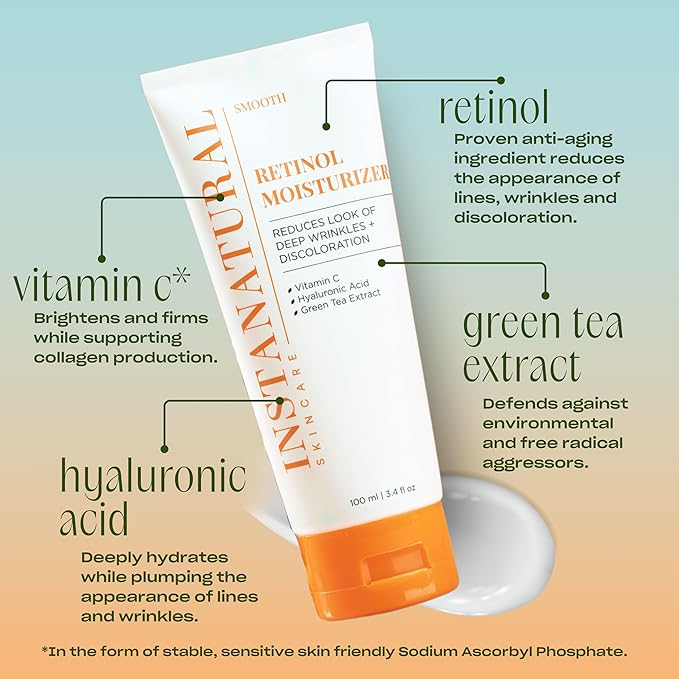 InstaNatural Retinol Moisturizer Nighttime Face Moisturizing Cream, Brightens and Reduces Signs of Aging, Wrinkles, Lines and Discoloration, with Vitamin C and Hyaluronic Acid, 3.4 Fl Oz