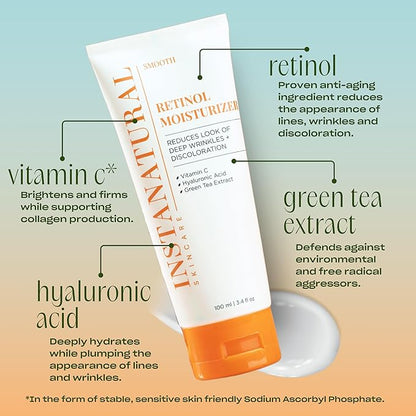 InstaNatural Retinol Moisturizer Nighttime Face Moisturizing Cream, Brightens and Reduces Signs of Aging, Wrinkles, Lines and Discoloration, with Vitamin C and Hyaluronic Acid, 3.4 Fl Oz
