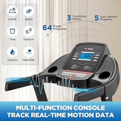 4.0HP Treadmills for Home, Folding Treadmill with 15% (8.5°) Auto Incline, 300 LBS Capacity, 10 MPH Speed, 18''x50'' Wide Belt, Bluetooth, App, 64 Preset Programs, Pulse Monitor, BMI Detector