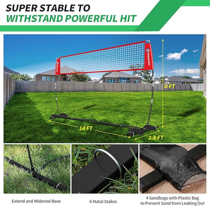 12ft/14ft Portable Volleyball Training Practice Net Set 5 Heights Adjustable for Indoor Outdoor with Tetoron Net, Freestanding Base, PU Volleyball, Carry Bag, Sandbags - Instant Set Up