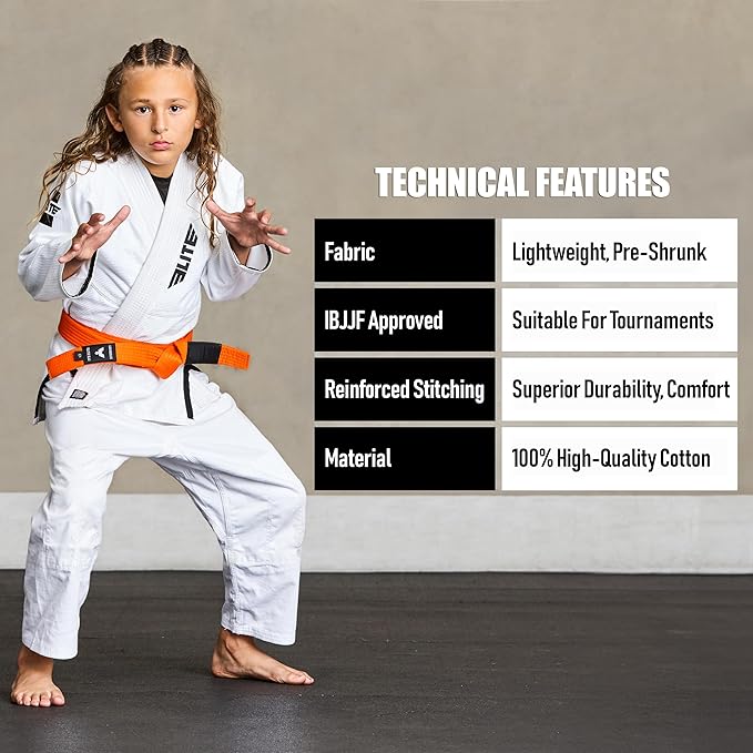 Elite Sports Kids Brazilian Jiu Jitsu Belts Preshurunk Martial Arts Youth BJJ Belts for Girls & Boys with BJJ Ranking Stripes