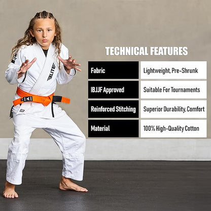 Elite Sports Kids Brazilian Jiu Jitsu Belts Preshurunk Martial Arts Youth BJJ Belts for Girls & Boys with BJJ Ranking Stripes
