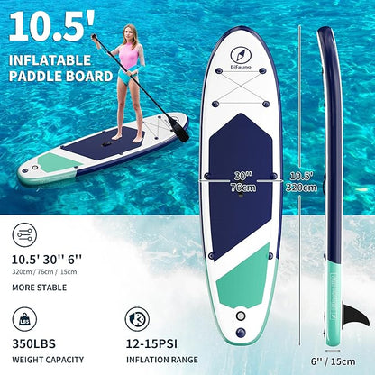 Inflatable Stand Up Paddle Board with SUP Accessories & Backpack. Paddle Boards for Adults. Non-Slip Deck, Wide Stance, Bottom Fin, Double Action Pump.