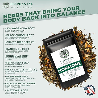 Elephantal Wellness Premium Hormone Herbal Tea | PCOS, Hormonal Balance & Mood Support with Chaste Berry, Shatavari, Dong Quai & Black Cohosh | Handmade, Non-GMO, Caffeine-Free Loose Leaf Blend – 4oz Loose Leaf, 40 Servings