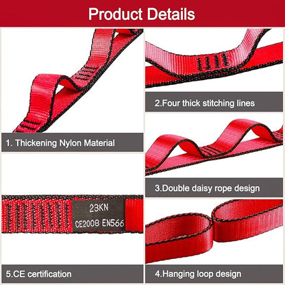 DASKING 23KN (5070 lbs) Heavy Duty Climbing Straps - 2 Pack Adjustable Daisy Chain Webbing for Aerial Yoga, Hammock, Fitness & Rigging - CE/EN566 Certified, Red/Grey