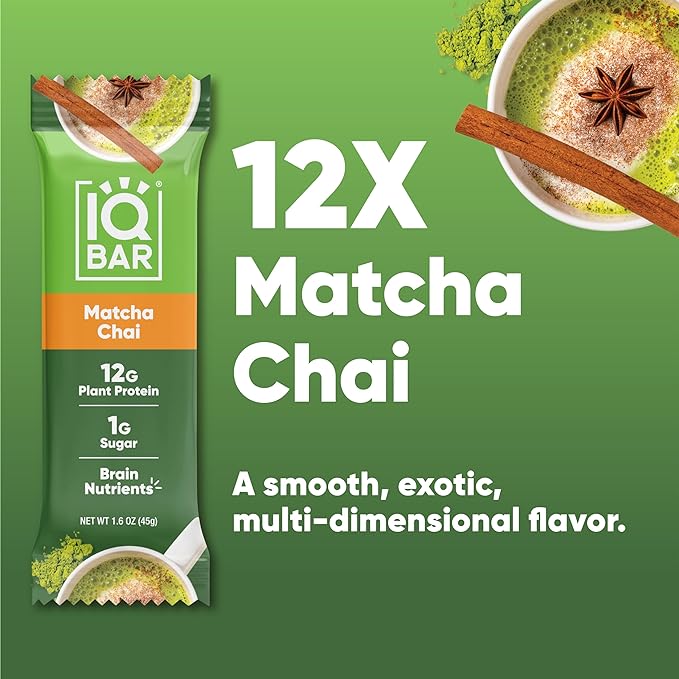 IQBAR Brain and Body Plant Protein Bars - Matcha Chai - 12-Count Low Carb - Gluten Free, High Fiber, Vegan Snacks - Low Sugar Meal Replacement