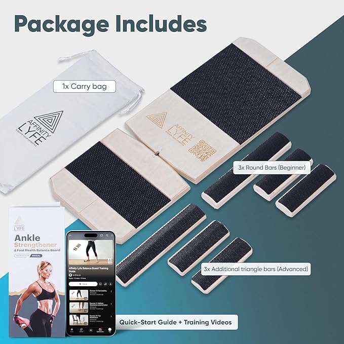 Foot & Ankle Strengthener – Single Leg Balance Board Trainer for Sprained Ankle Recovery, Plantar Fasciitis & Achilles Tendonitis – Adjustable Round & Triangle Bars + Training Videos + Travel Bag