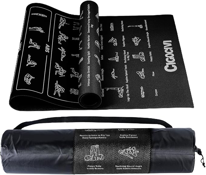Instructional Travel Yoga Mat with 75 Poses & Exercises - Non-slip Exercise Mat for Home Workout, Includes Carrying Bag - Perfect for Beginners, 68"x24"x0.25"