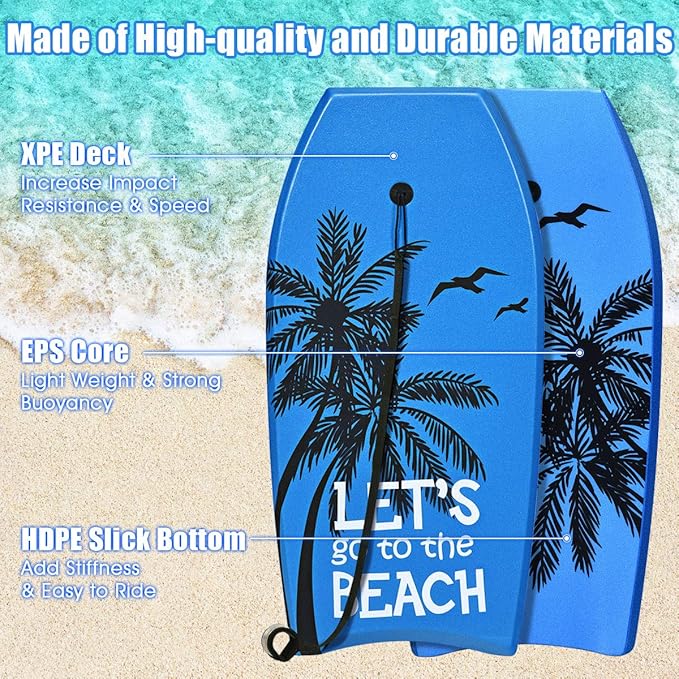 Goplus 41''/37''/33'' Lightweight Body Board for Beach, Surf Board with EPS Core, XPE Deck, HDPE Slick Bottom, Wrist Leash, Bodyboard for Kids Adults Surfing