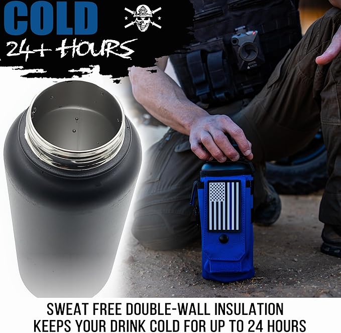 Iron Infidel Battle Bottle - 32 Oz Insulated Water Bottle with Straw Lid & Chug Cap, Stainless Steel Metal Flask Includes Rugged, Removable Sleeve for Keys, Wallet, & Phone (Thin Blue Line 1 Liter)