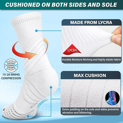 Hylaea Compression Running Socks for men, Coolmax Anti-Blister Cushion Crew Socks for Athletic, Moisture Wicking & Seamless